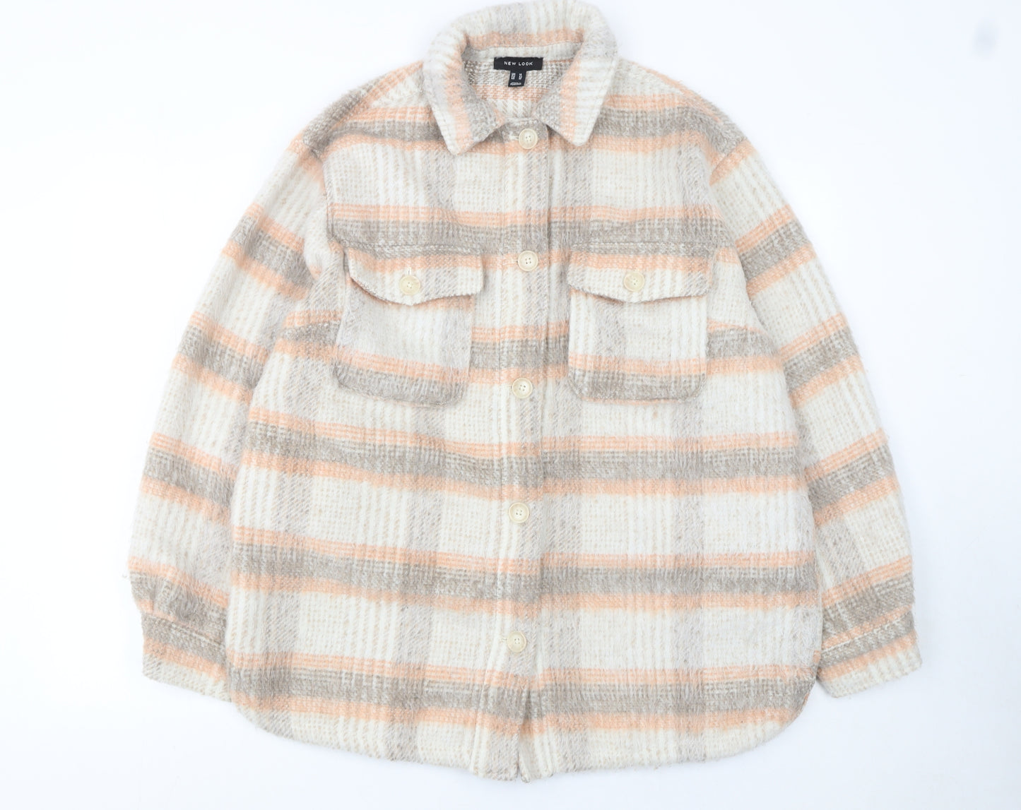 New Look Women’s Beige Checked Shacket Jacket Size 14 Button-Up Classic