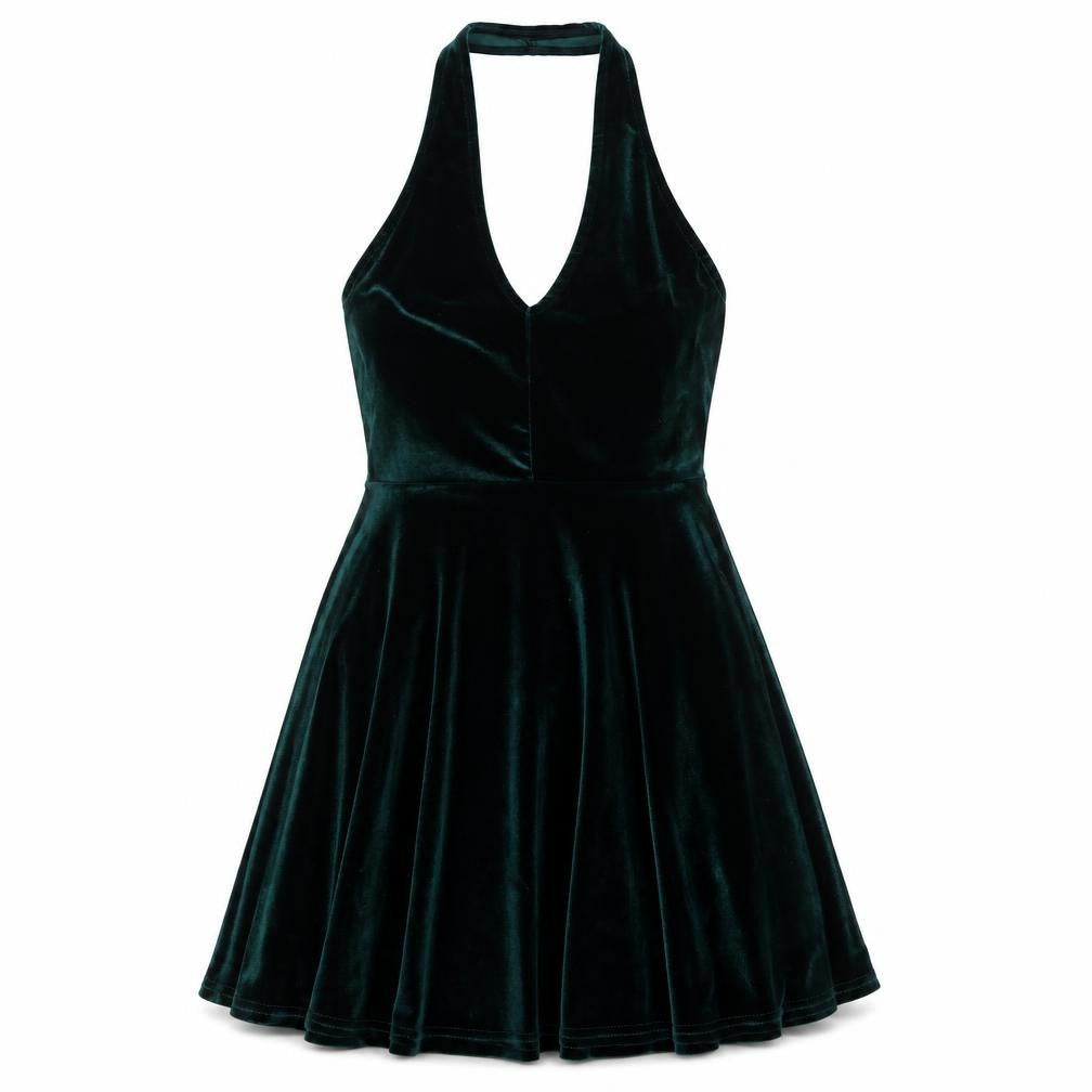 Pins and Needles Women’s Green Velvet Halter Skater Dress Size S