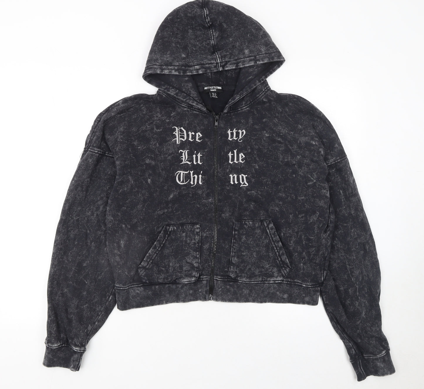 PrettyLittleThing Women Black Acid Wash Full Zip Hoodie UK 16 100% Cotton