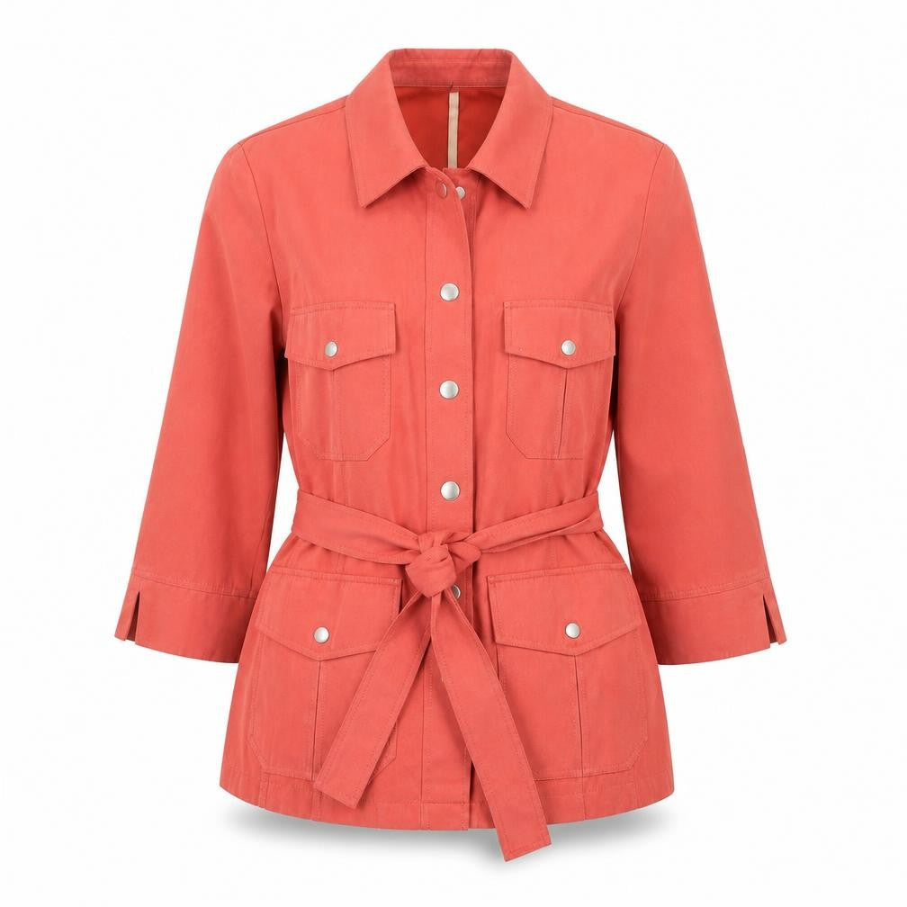 Front view of Erfo Women's Orange Belted 3/4 Sleeve Polyester Jacket, size 10