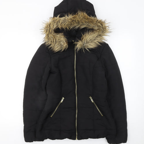 H&M Women's Black Faux Fur Hooded Puffer Jacket Size 8
