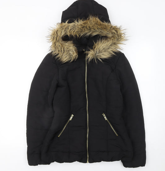 H&M Women's Black Faux Fur Hooded Puffer Jacket Size 8