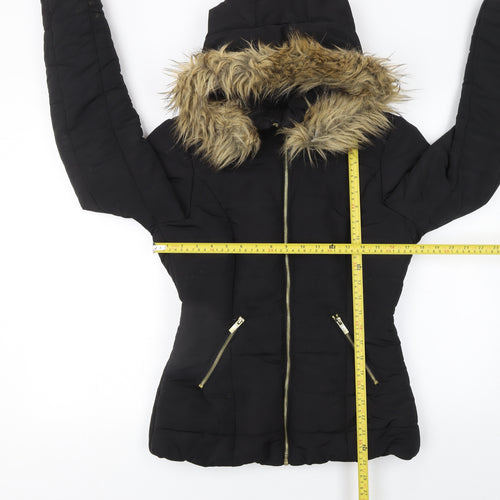 H&M Women's Black Faux Fur Hooded Puffer Jacket Size 8