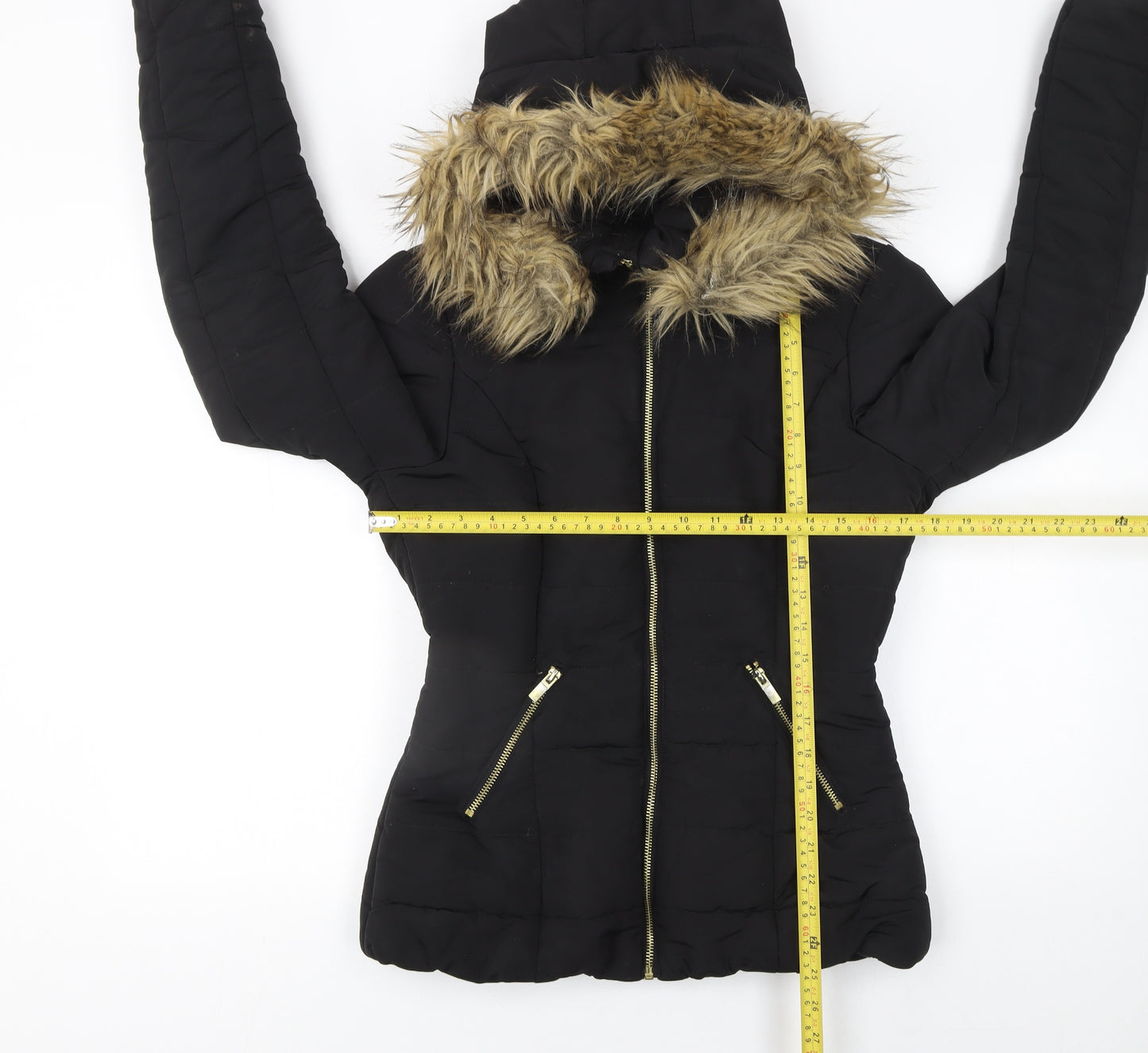 H&M Women's Black Faux Fur Hooded Puffer Jacket Size 8