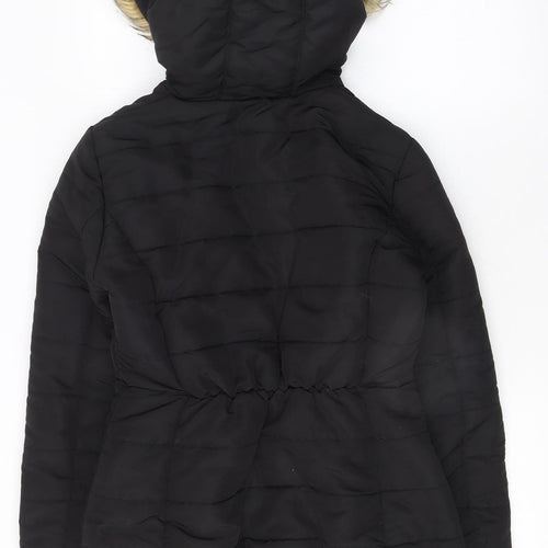 H&M Women's Black Faux Fur Hooded Puffer Jacket Size 8