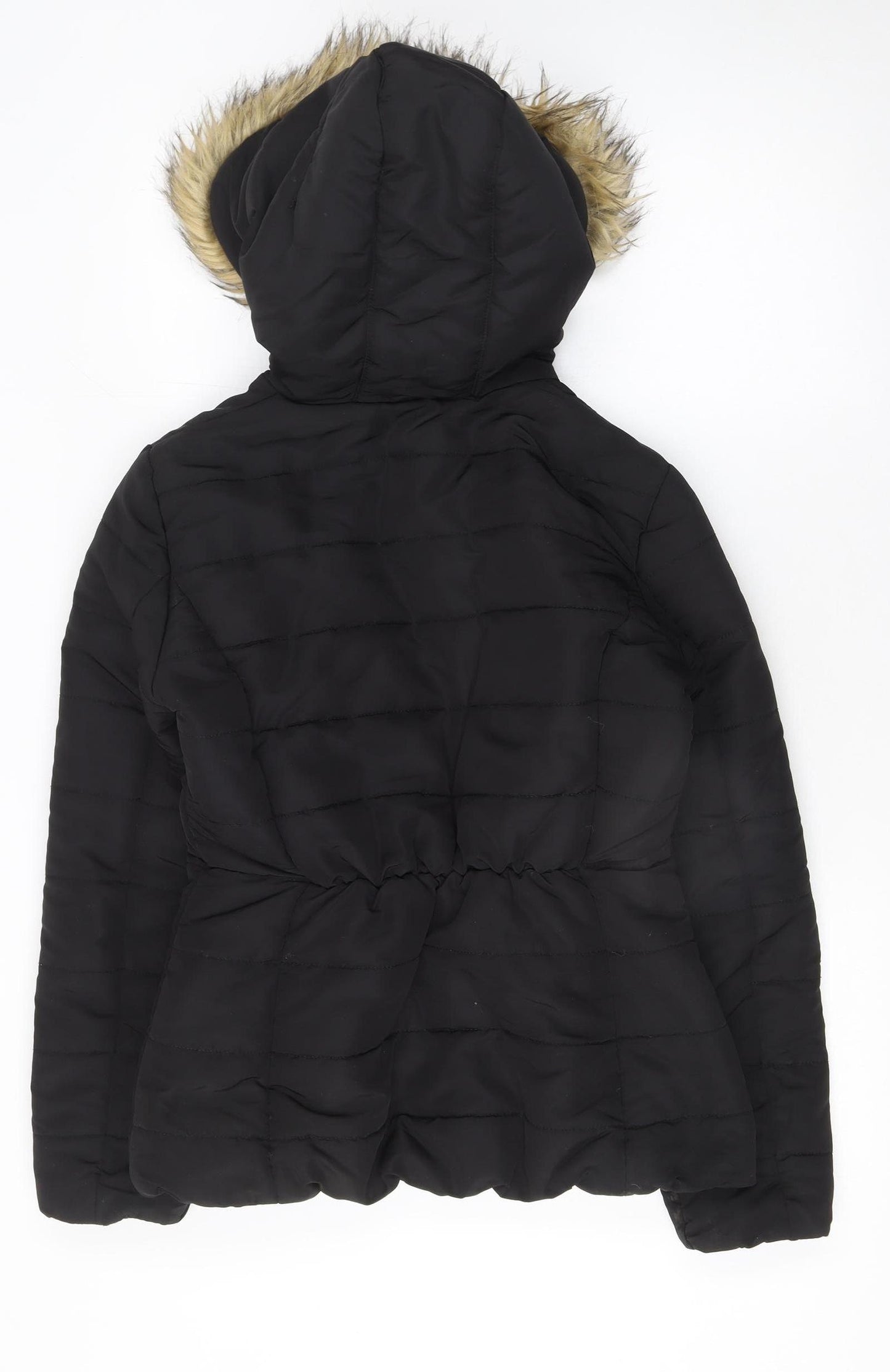 H&M Women's Black Faux Fur Hooded Puffer Jacket Size 8