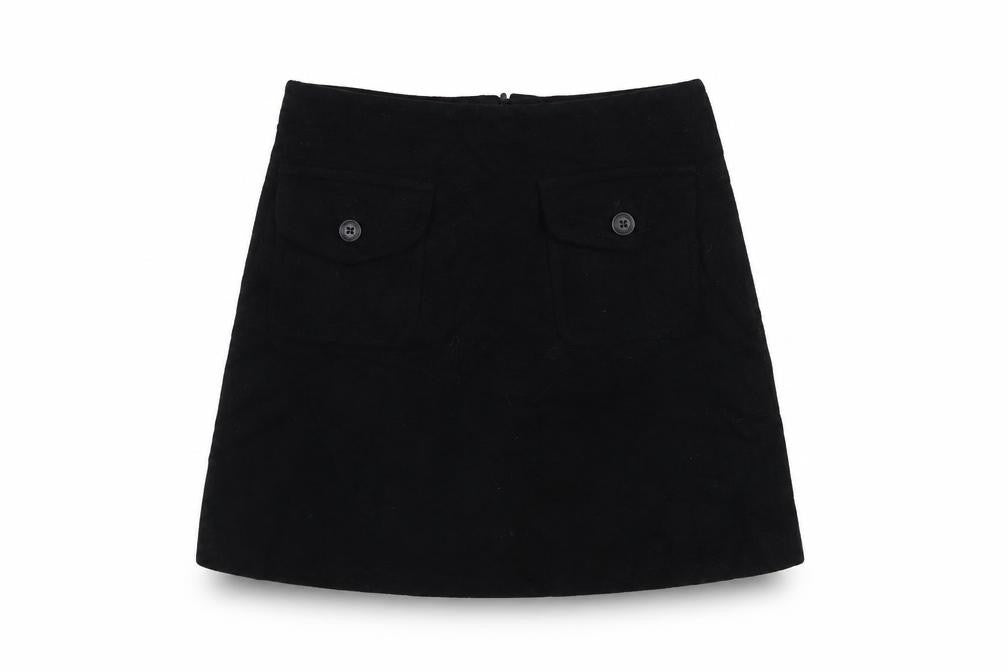 Front view of Warehouse Women’s Black Wool A-Line Short Skirt, size UK 10
