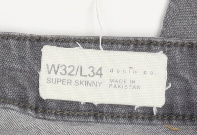 Denim Co Men’s Grey Super Skinny Jeans W32 L34 Stretch Denim