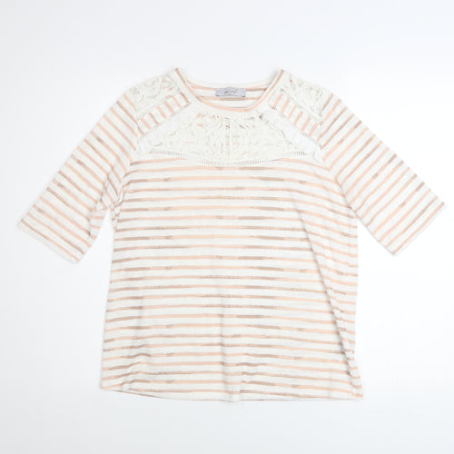 Marks and Spencer Women Beige Striped Lace 3/4 Sleeve T-Shirt Size 12
