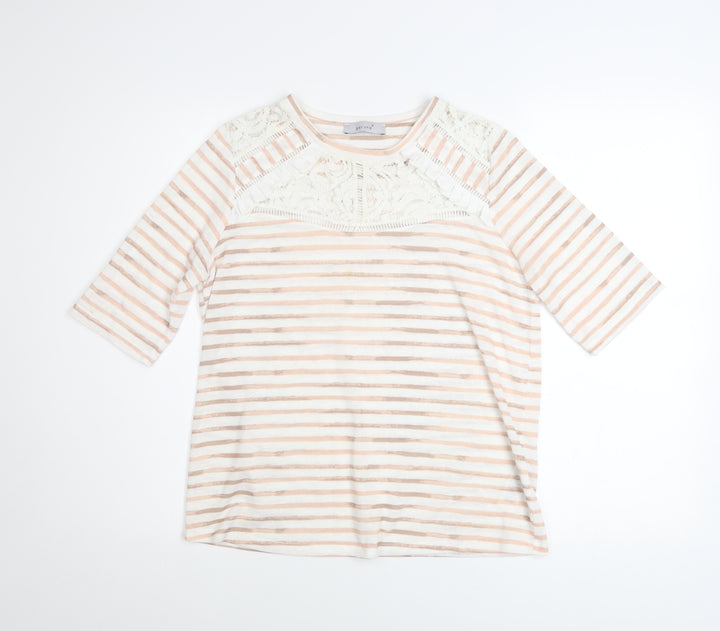 Marks and Spencer Women Beige Striped Lace 3/4 Sleeve T-Shirt Size 12