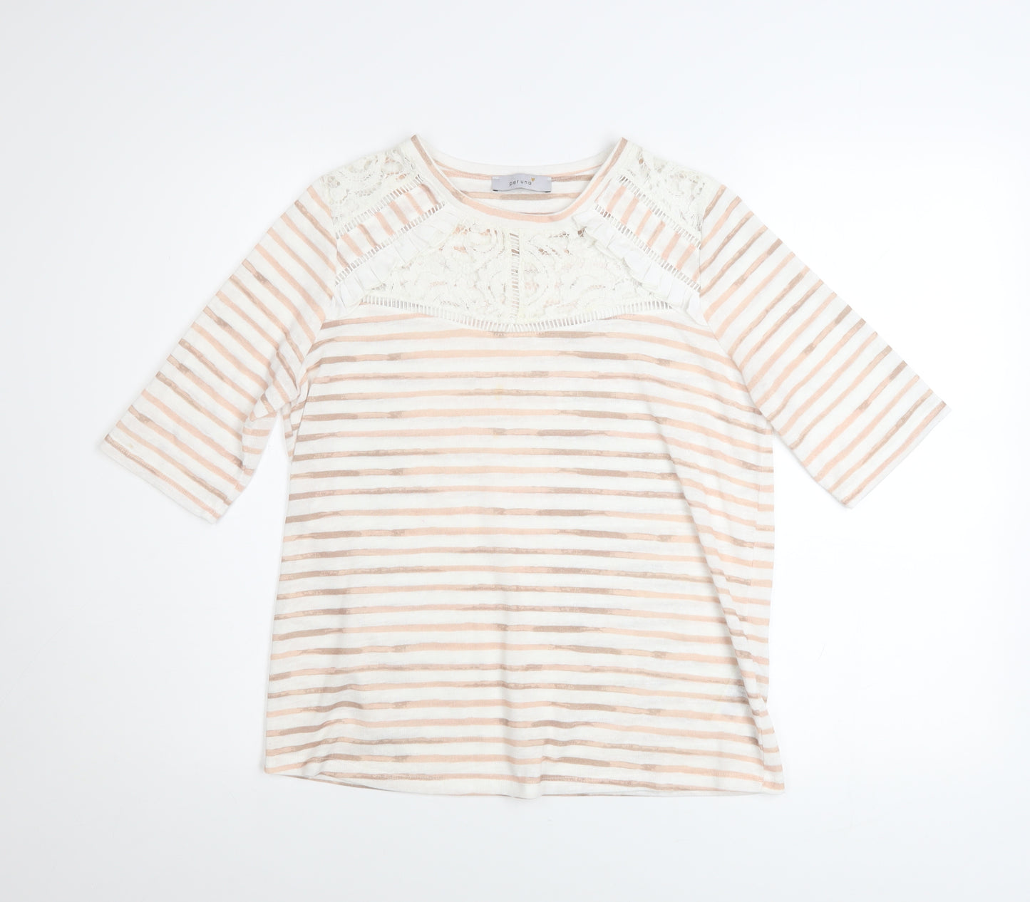 Marks and Spencer Women Beige Striped Lace 3/4 Sleeve T-Shirt Size 12
