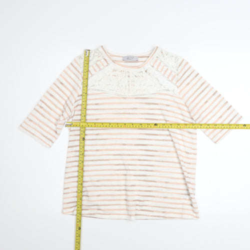 Marks and Spencer Women Beige Striped Lace 3/4 Sleeve T-Shirt Size 12