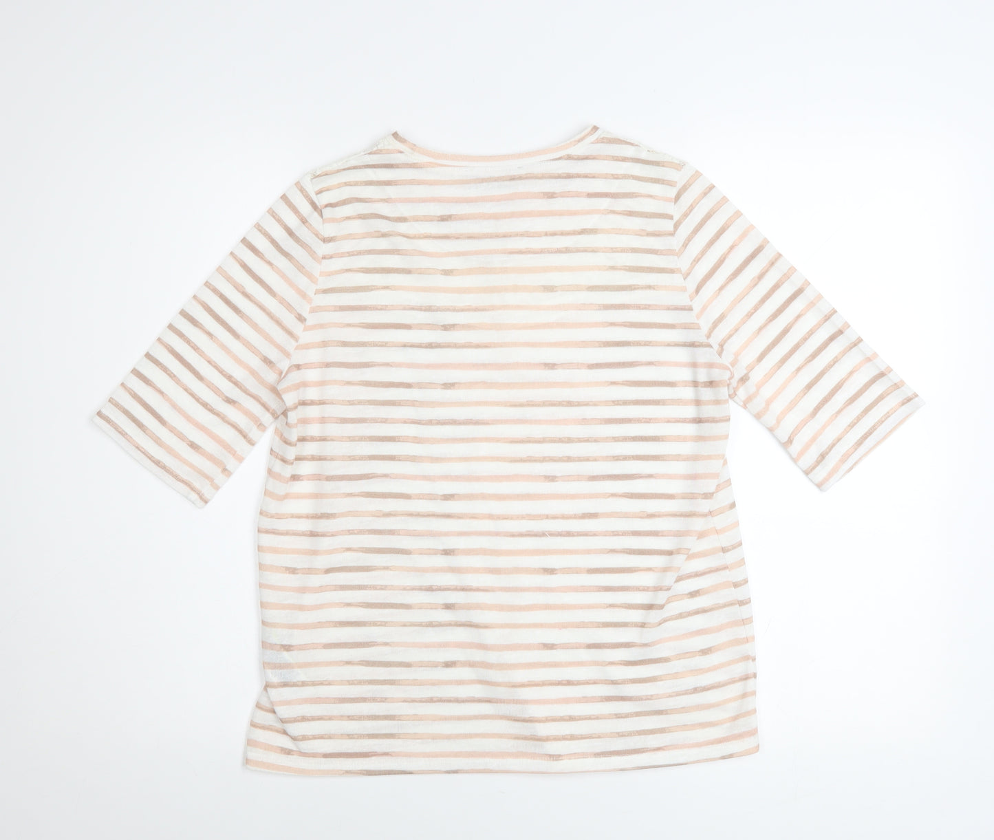 Marks and Spencer Women Beige Striped Lace 3/4 Sleeve T-Shirt Size 12