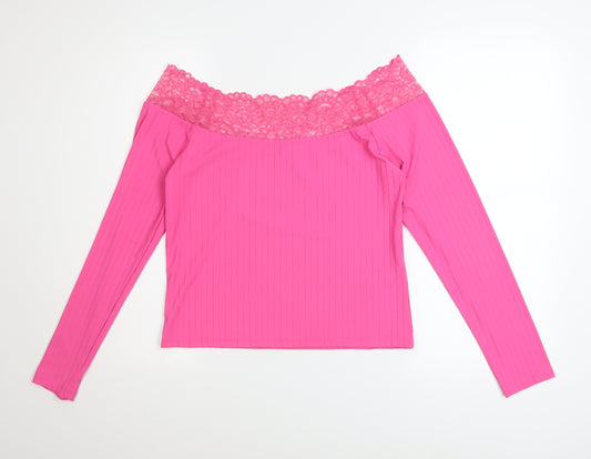 Pieces Women’s Pink Lace Off Shoulder Long Sleeve Slim Fit Top Size L