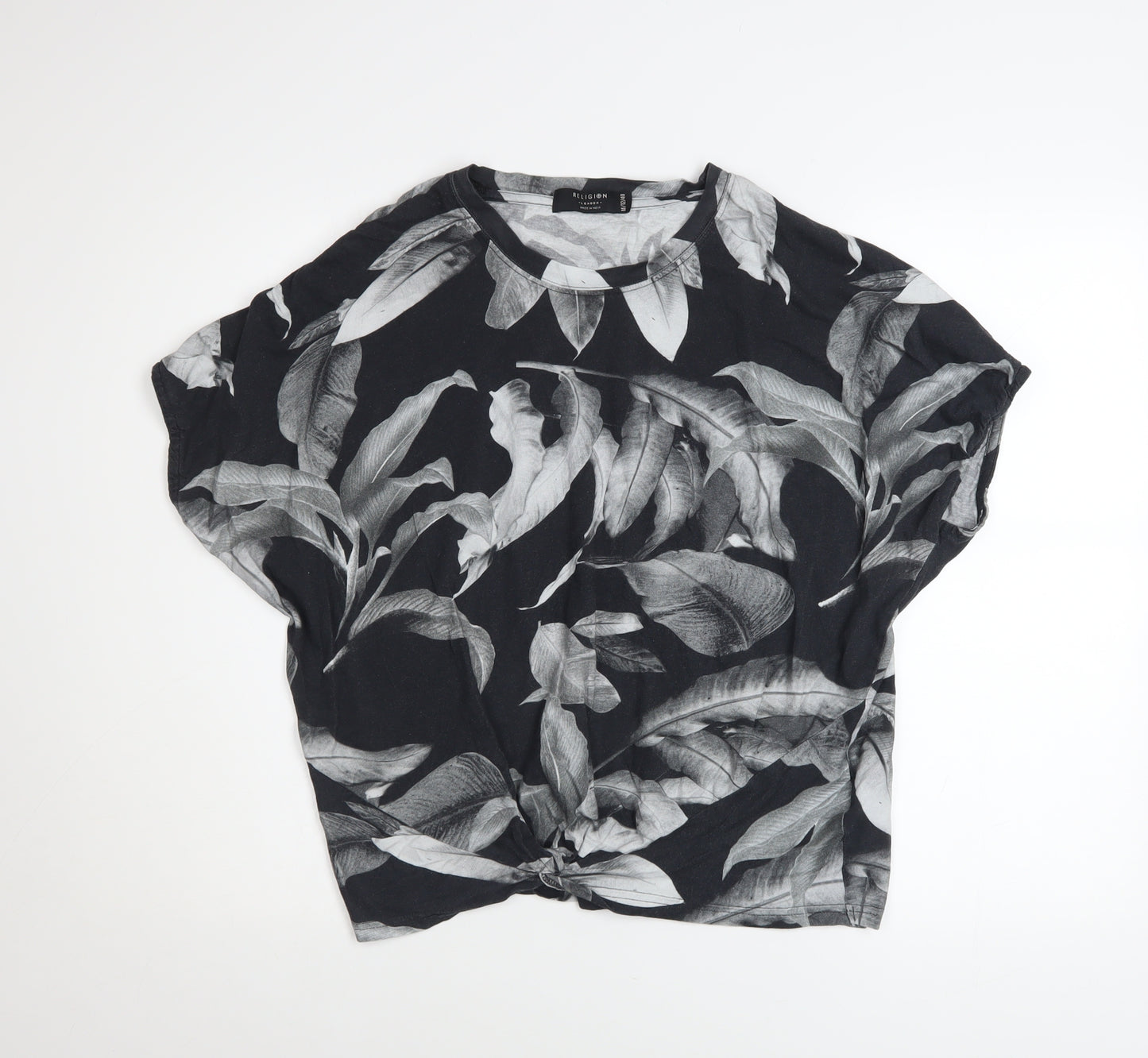 Religion Women’s Black Floral Knot Hem Cropped T-Shirt Size 12