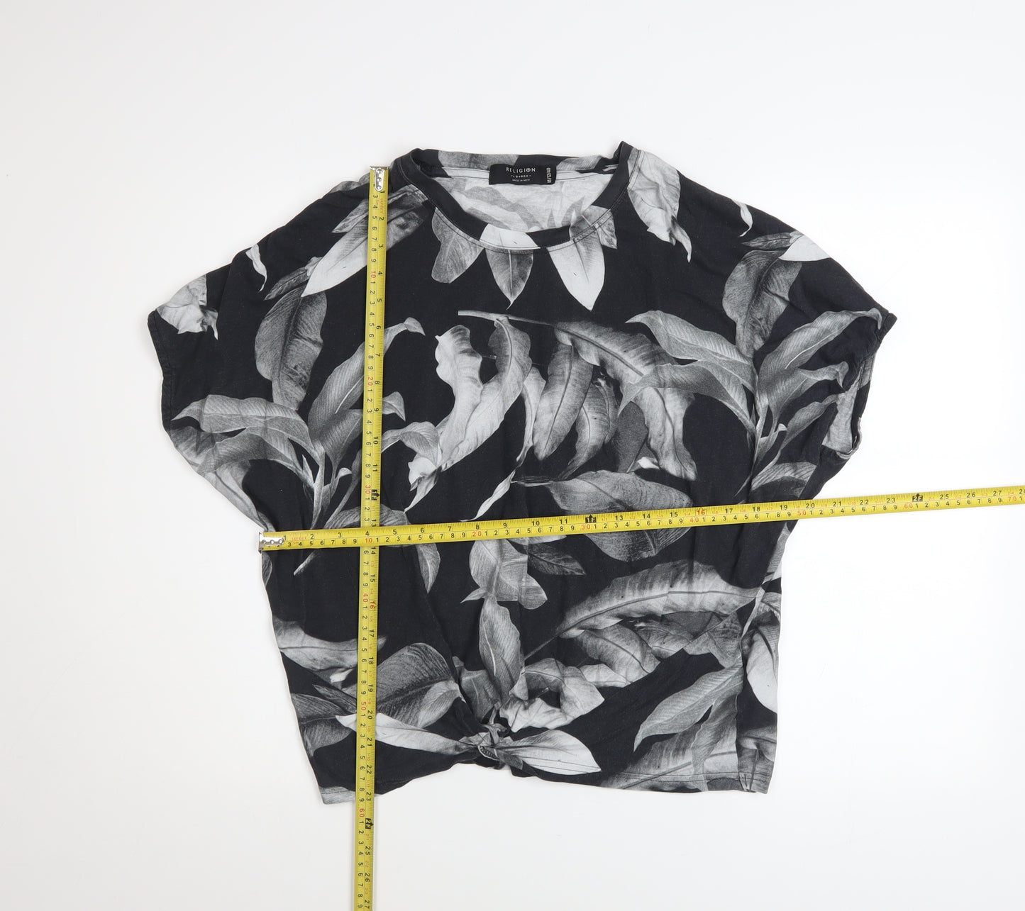 Religion Women’s Black Floral Knot Hem Cropped T-Shirt Size 12