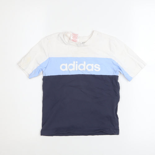 Adidas Boys White Blue Navy Logo Colourblock Cotton T-Shirt 6-7 Years