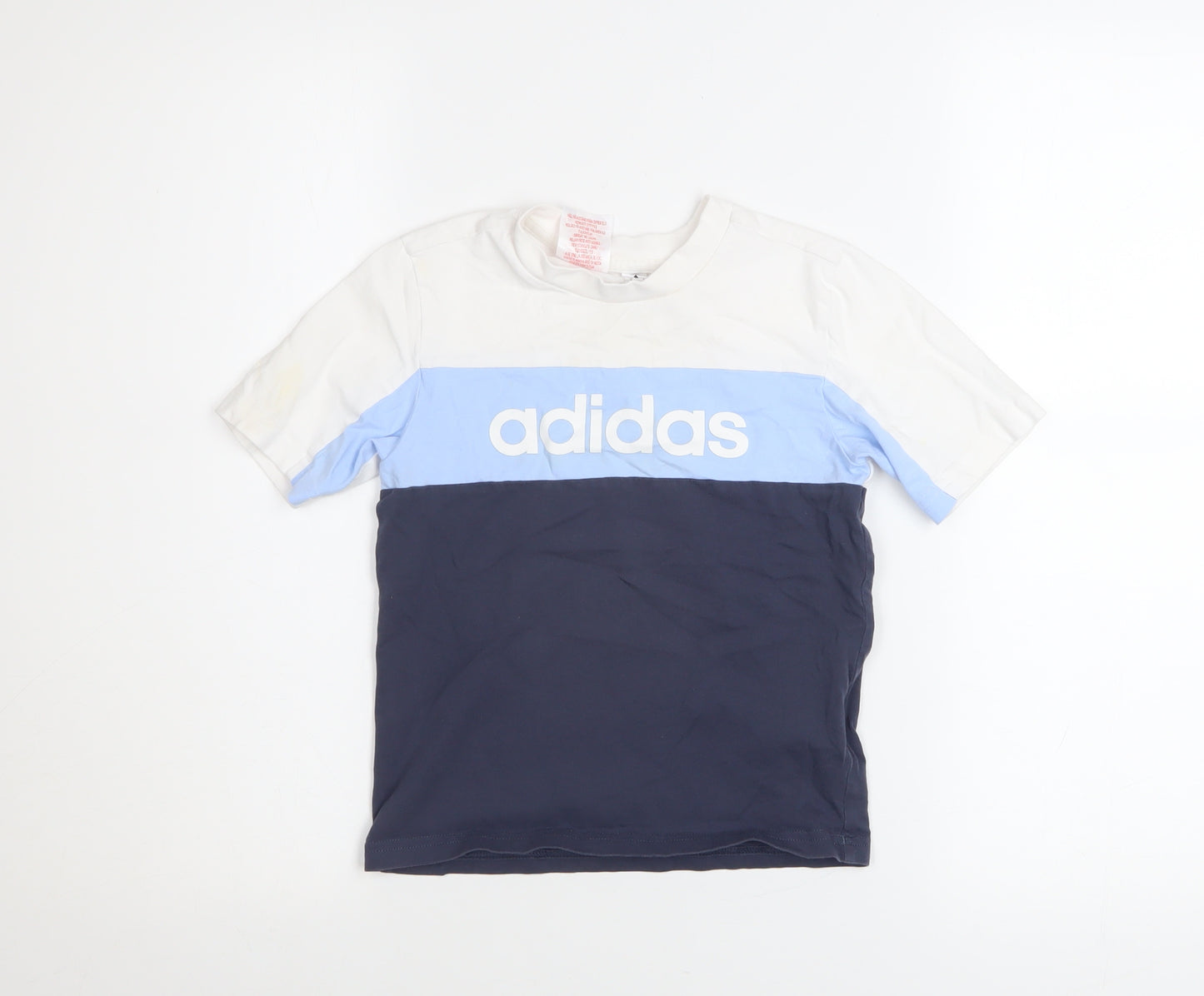 Adidas Boys White Blue Navy Logo Colourblock Cotton T-Shirt 6-7 Years