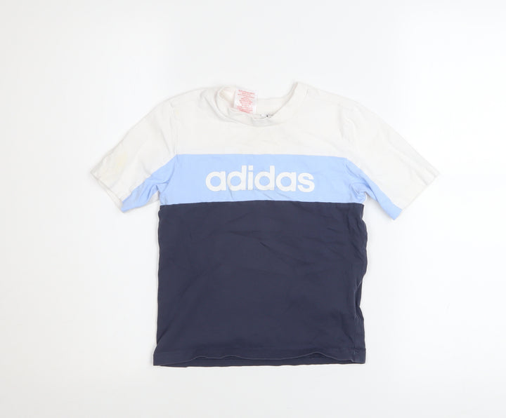 Adidas Boys White Blue Navy Logo Colourblock Cotton T-Shirt 6-7 Years