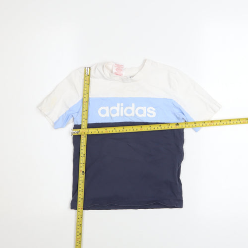 Adidas Boys White Blue Navy Logo Colourblock Cotton T-Shirt 6-7 Years