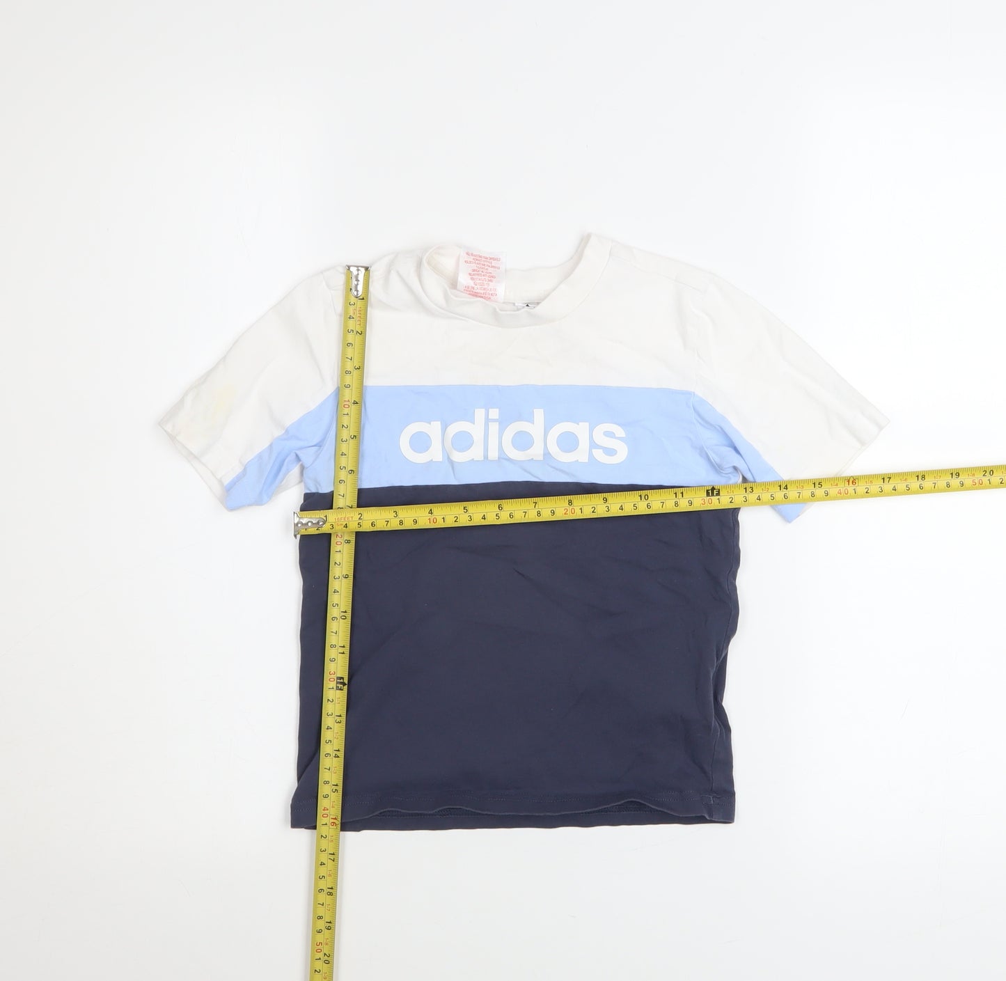 Adidas Boys White Blue Navy Logo Colourblock Cotton T-Shirt 6-7 Years