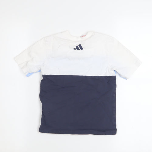 Adidas Boys White Blue Navy Logo Colourblock Cotton T-Shirt 6-7 Years