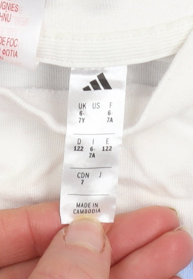 Adidas Boys White Blue Navy Logo Colourblock Cotton T-Shirt 6-7 Years