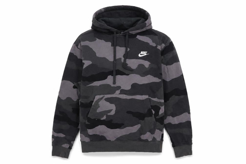 Front view of Nike Men’s Camouflage Pullover Hoodie Small Grey Black Fleece