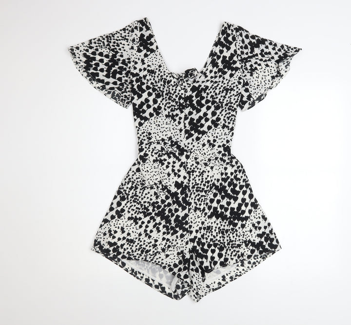 Zara Women's Black White Playsuit S Short Sleeve V-Neck Lightweight