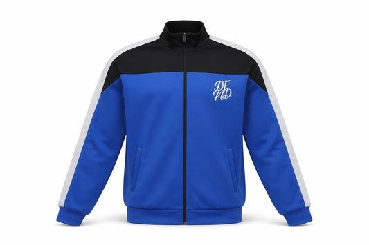 Front view of DFND Men’s Blue Black Track Jacket, size S, Polyester Full Zip