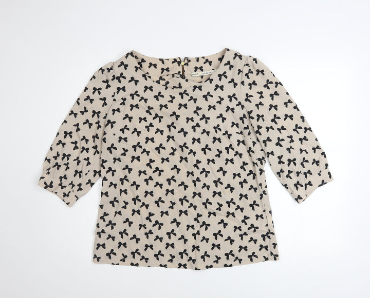 Next Women Beige Black Bow Print 3/4 Sleeve Polyester Blouse Size 12