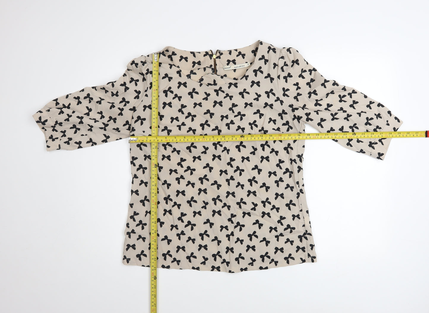 Next Women Beige Black Bow Print 3/4 Sleeve Polyester Blouse Size 12
