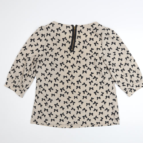 Next Women Beige Black Bow Print 3/4 Sleeve Polyester Blouse Size 12