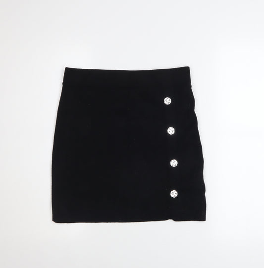 Primark Women Black Short Stretch Button Pencil Skirt Size S 10/12