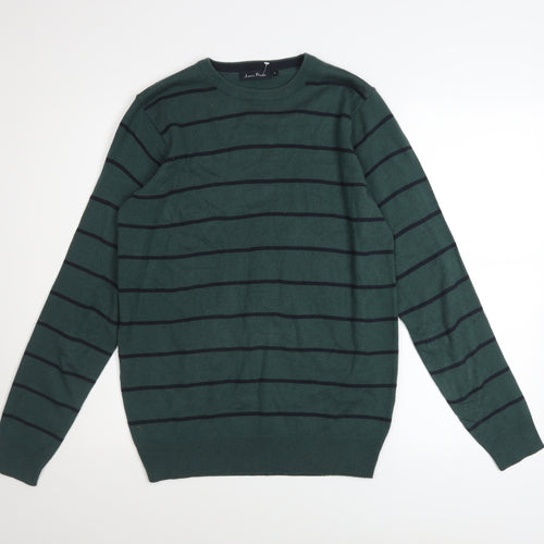 James Pringle Men Green Striped Crew Neck Acrylic Jumper Size S