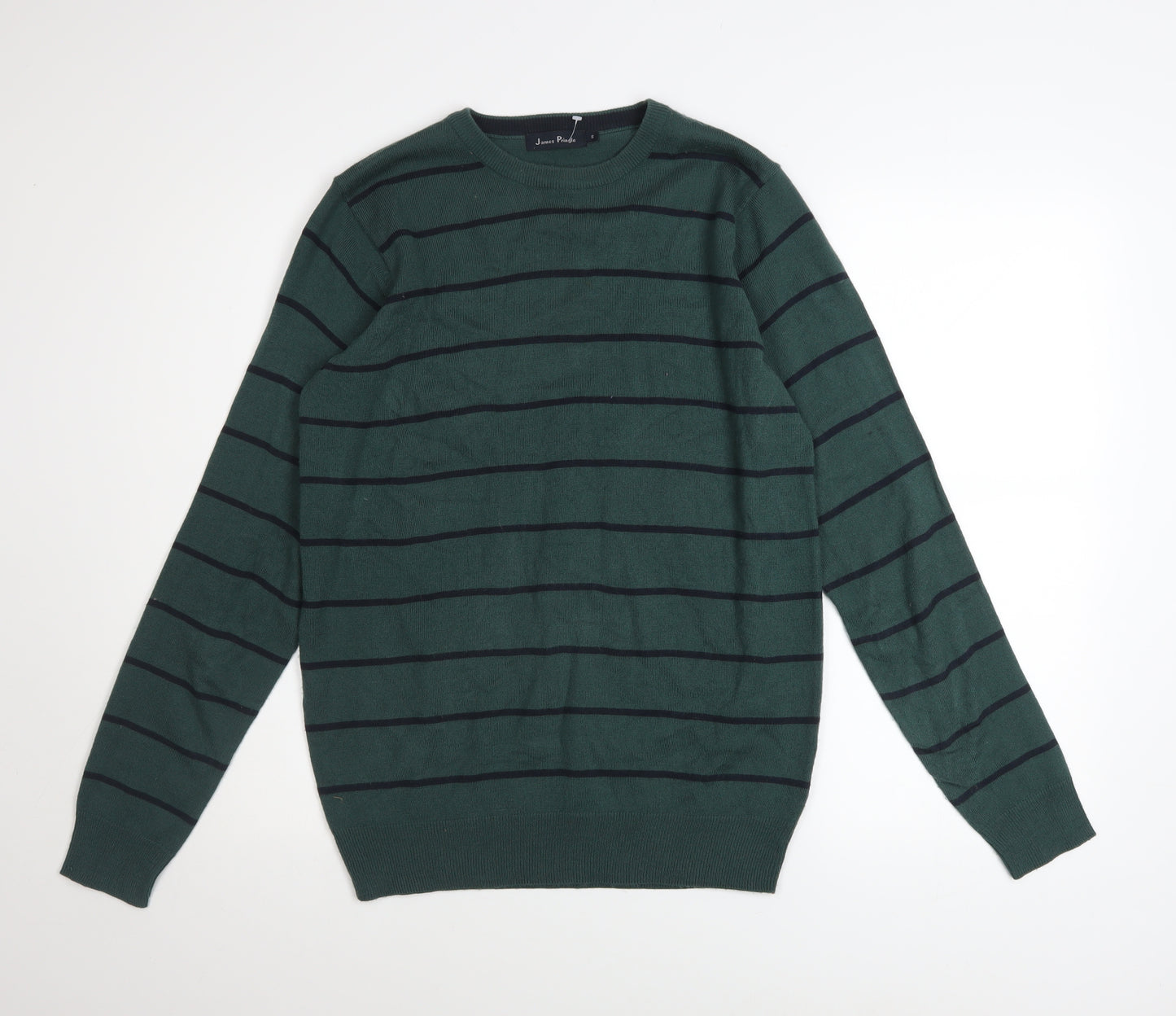 James Pringle Men Green Striped Crew Neck Acrylic Jumper Size S