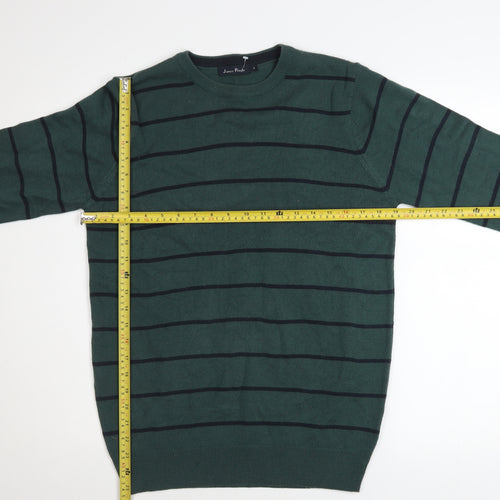 James Pringle Men Green Striped Crew Neck Acrylic Jumper Size S
