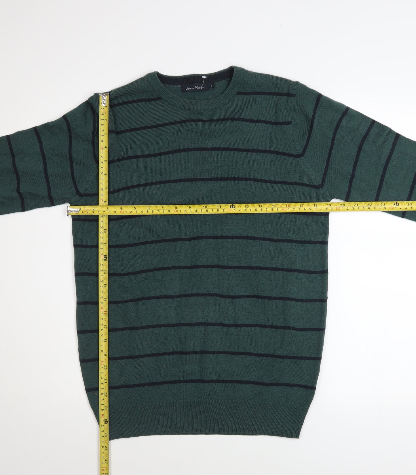 James Pringle Men Green Striped Crew Neck Acrylic Jumper Size S
