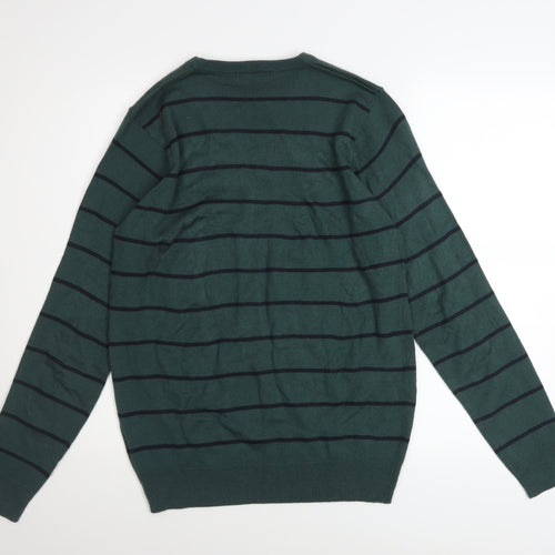 James Pringle Men Green Striped Crew Neck Acrylic Jumper Size S