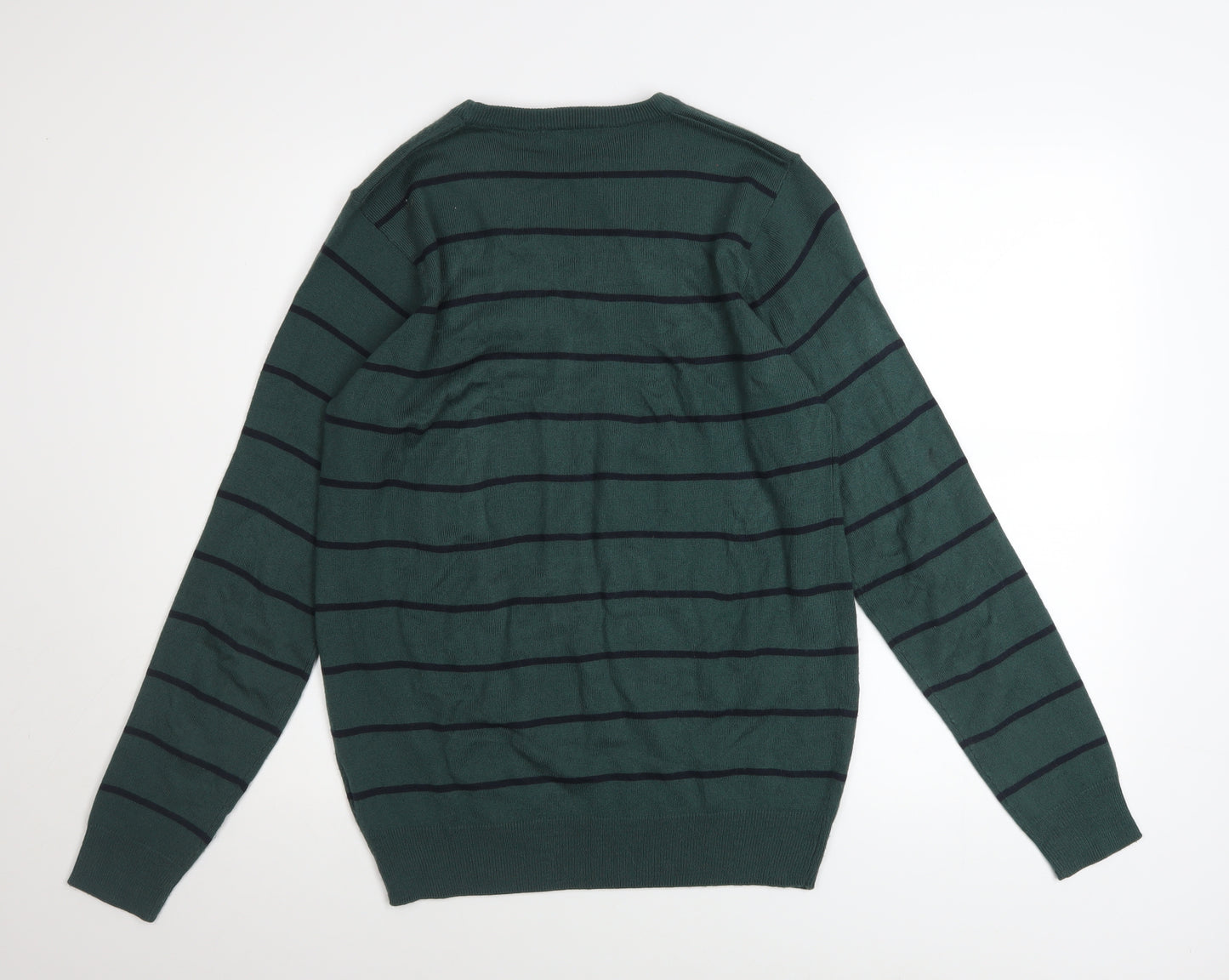 James Pringle Men Green Striped Crew Neck Acrylic Jumper Size S