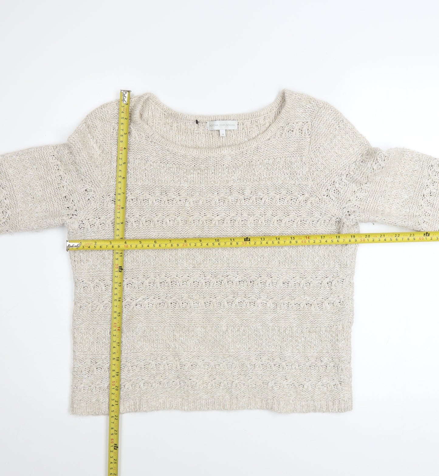 John Rocha Women Beige Open Knit Boat Neck Jumper Size 14