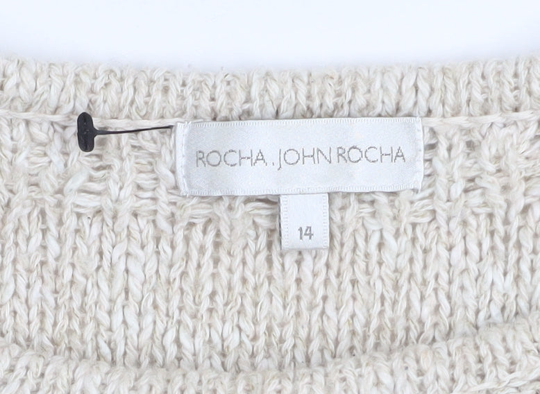 John Rocha Women Beige Open Knit Boat Neck Jumper Size 14