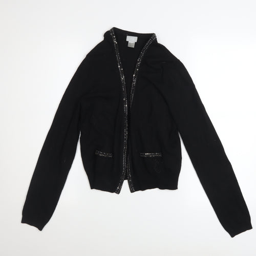 H&M Women’s Black Beaded Trim Cardigan Size 12 V-Neck Knit Jumper