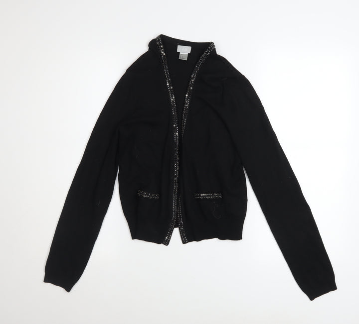 H&M Women’s Black Beaded Trim Cardigan Size 12 V-Neck Knit Jumper