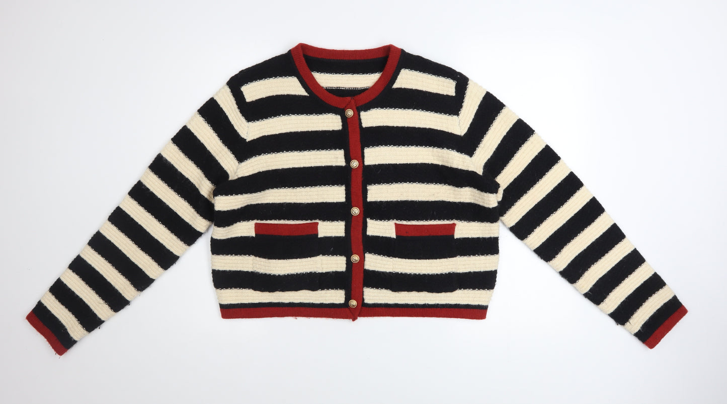 Cider Women Black & Beige Striped Knit Cardigan Size L Button Front