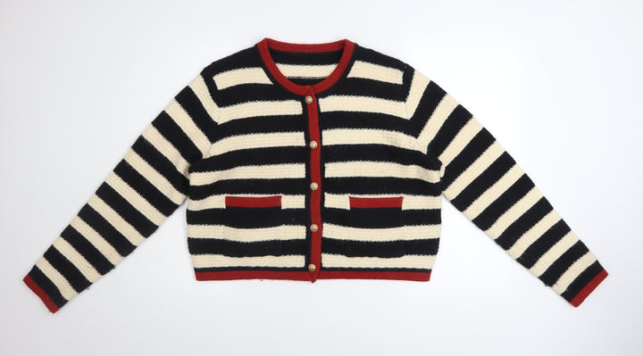 Cider Women Black & Beige Striped Knit Cardigan Size L Button Front