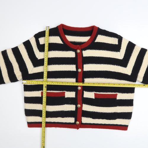 Cider Women Black & Beige Striped Knit Cardigan Size L Button Front