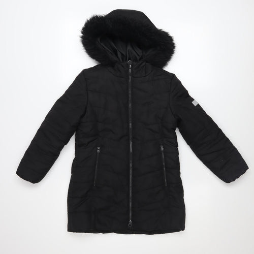 Regatta Girls Black Hooded Puffer Coat 7-8 Years Winter Mid-Length