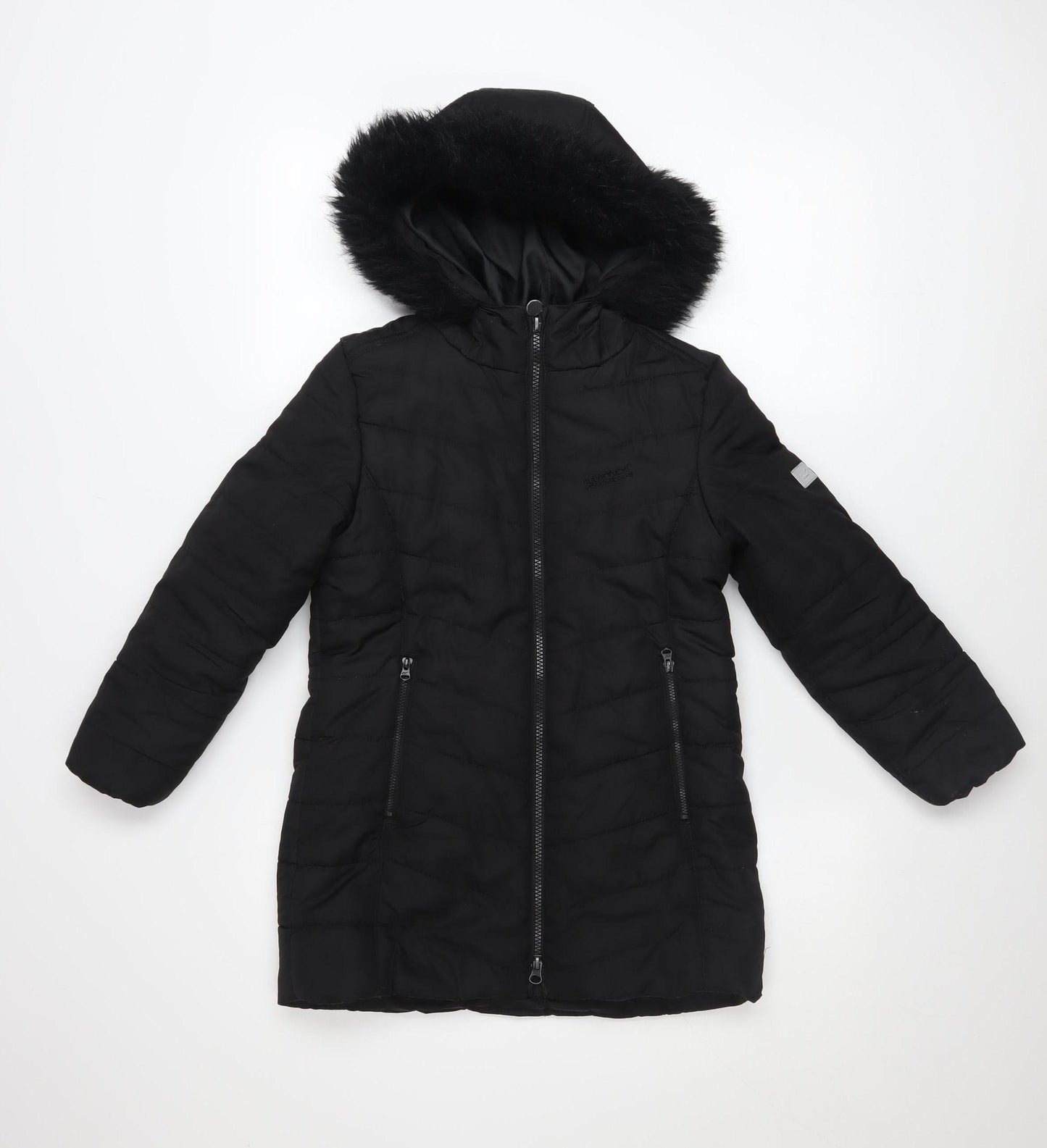 Regatta Girls Black Hooded Puffer Coat 7-8 Years Winter Mid-Length