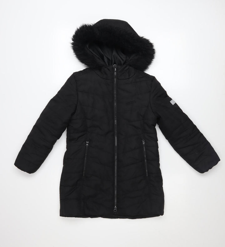 Regatta Girls Black Hooded Puffer Coat 7-8 Years Winter Mid-Length